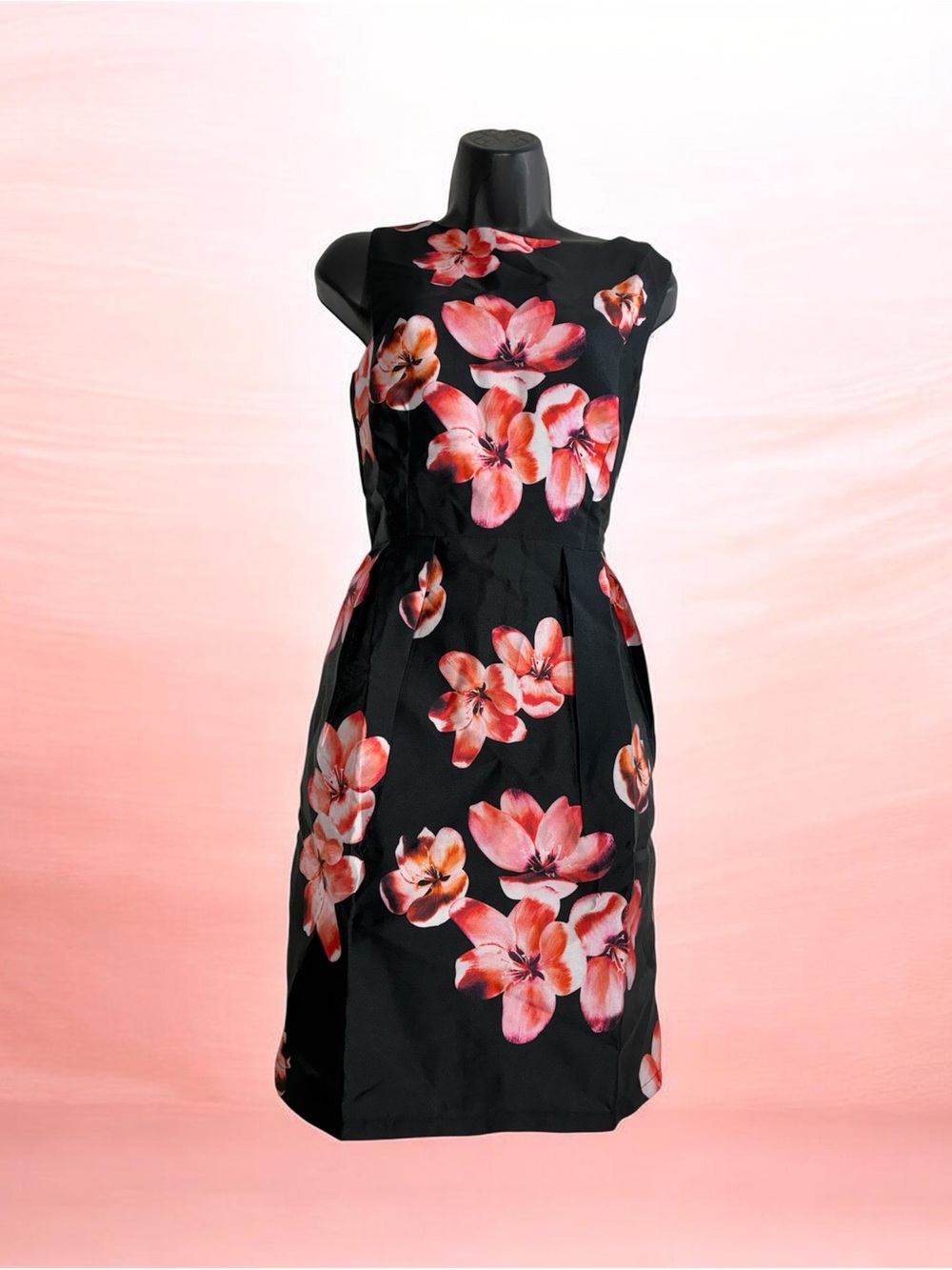 Sleeveless Black Knee Length Dress with Pink Floral Print